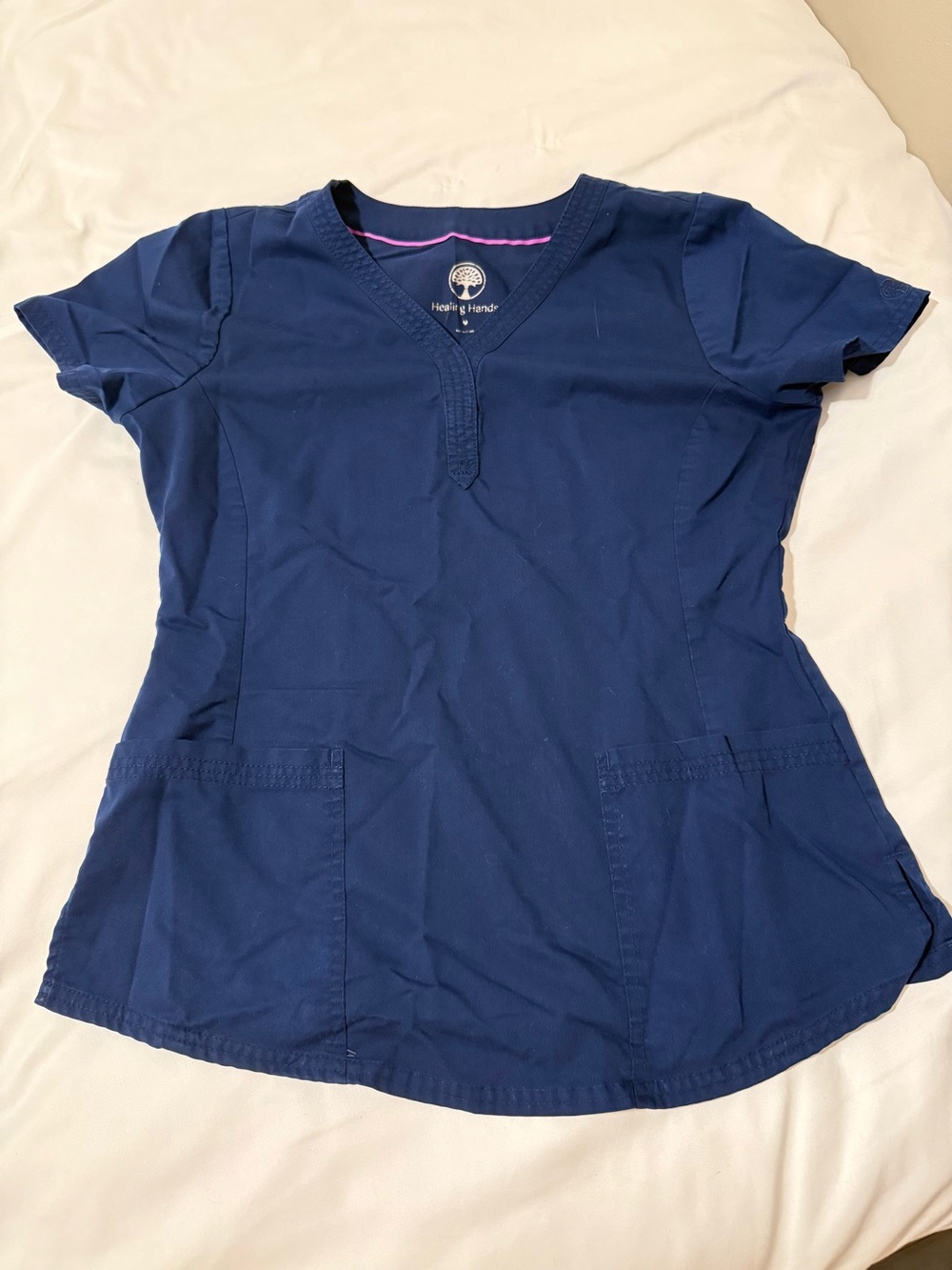 healing hands Navy V-Neck Scrub Top with Front Pockets